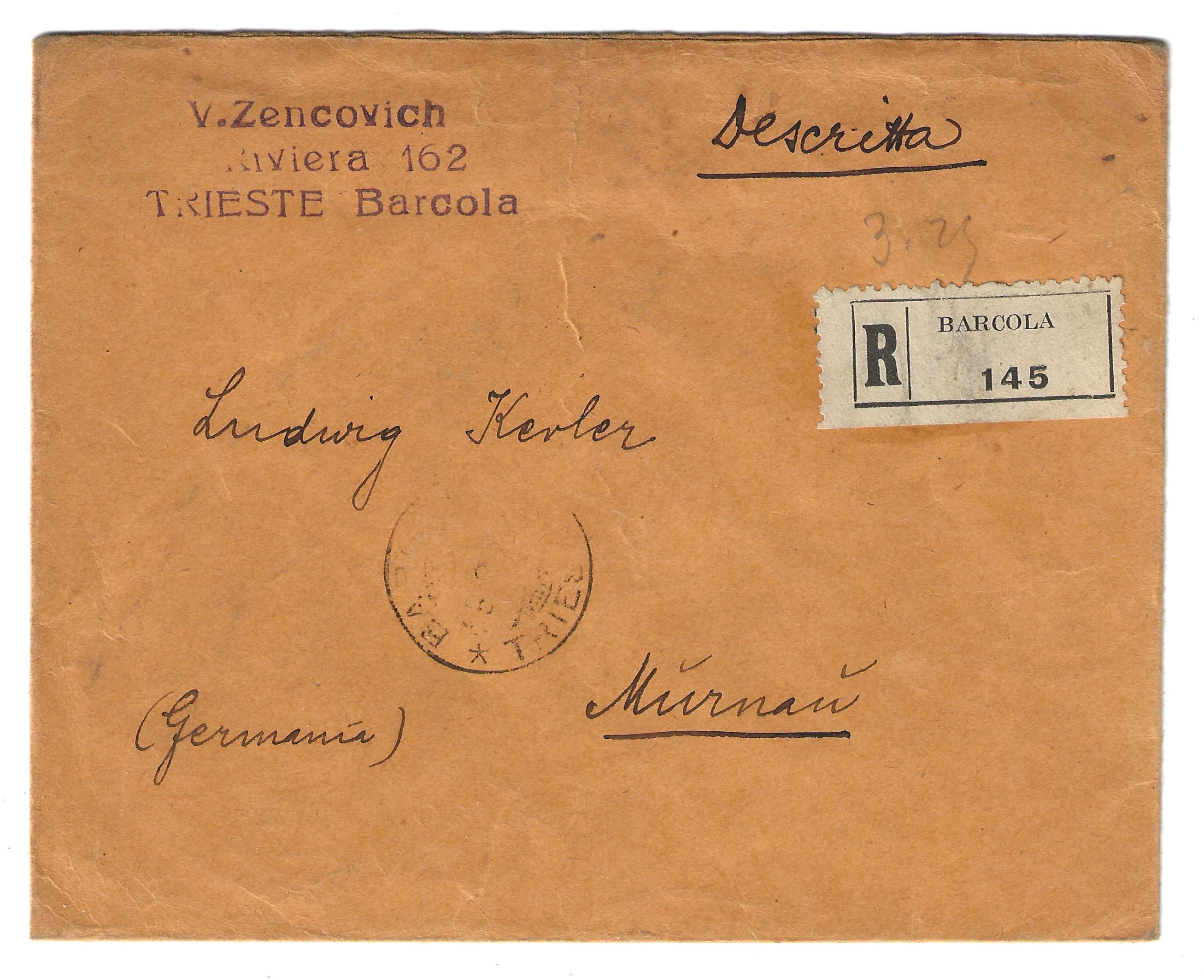 Regno d'Italia 1928 busta Barcola Germania Parmeggiani 2,55 L