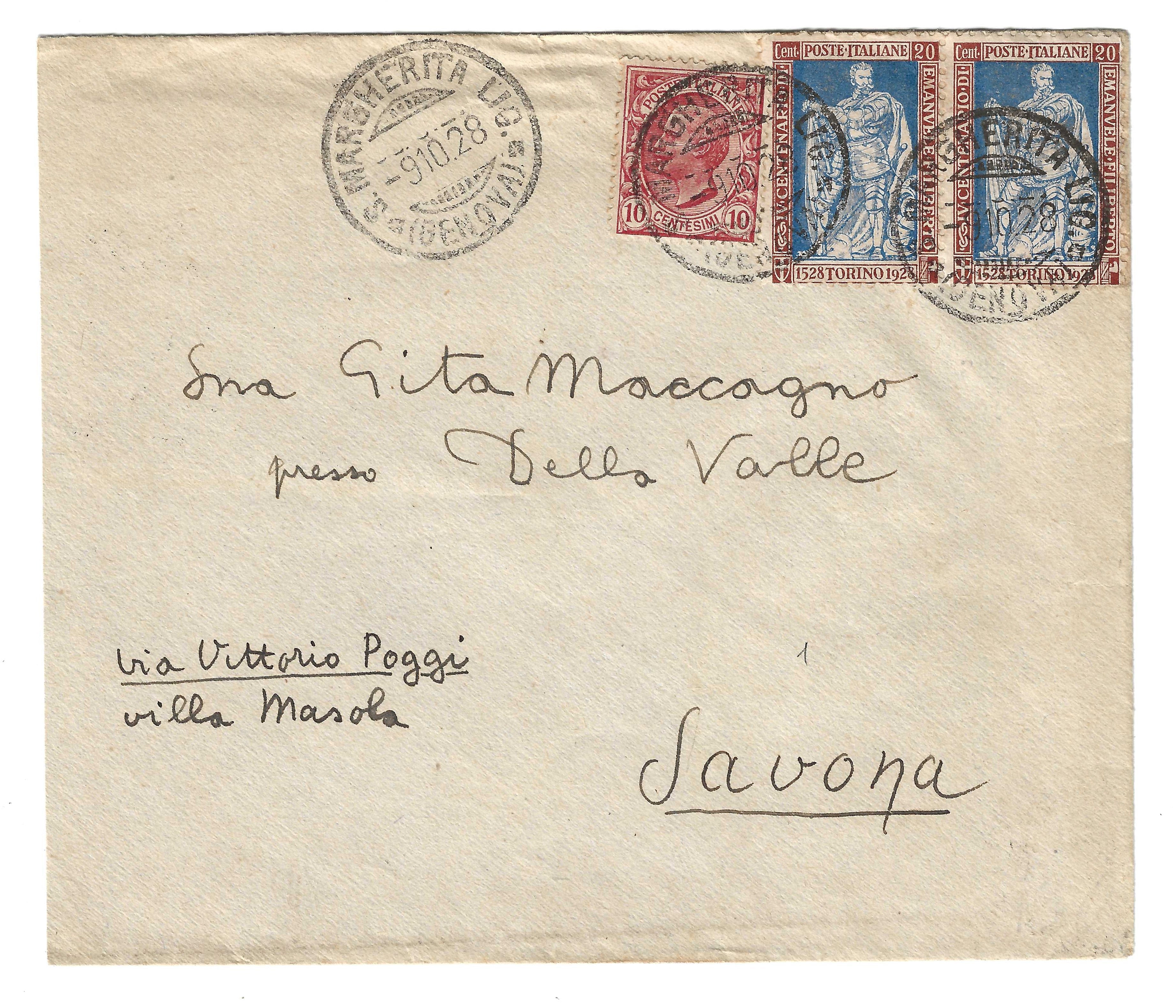 TS Collezionismo Filatelia Busta 1928 Savona Emanuele Filiberto 20c
