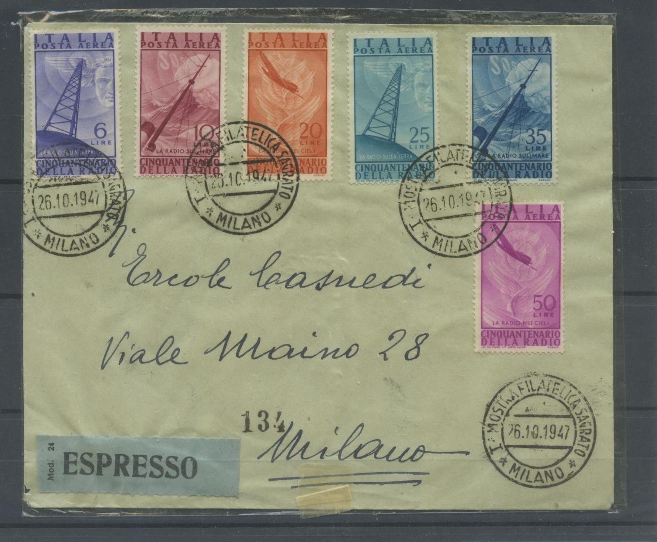 TS Collezionismo Filatelia Repubblica 1947 busta Radio 6 valori usato