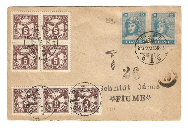 Fiume 1920 Lettera coppia 2c Allegorie busta filatelica usata
