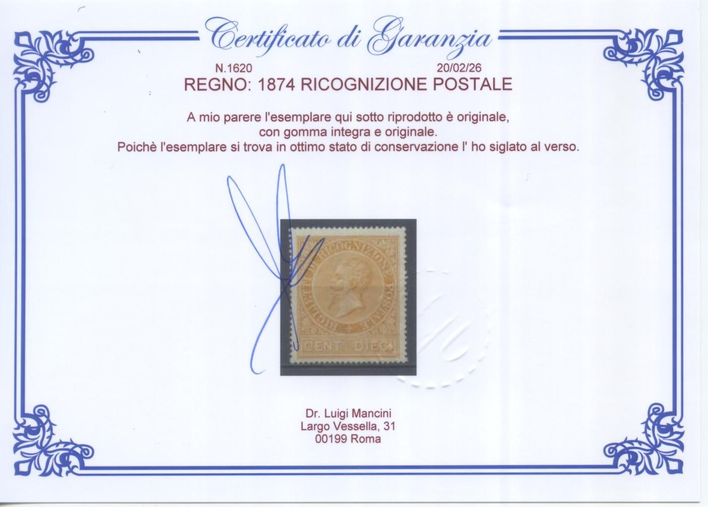 Regno d'Italia 1874 10c Ricognizione Postale francobollo nuovo**