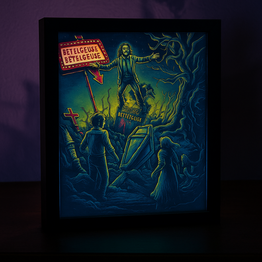 L'Atelier di Zelda Mondi di Luce Beetlejuice lightbox scena cimitero
