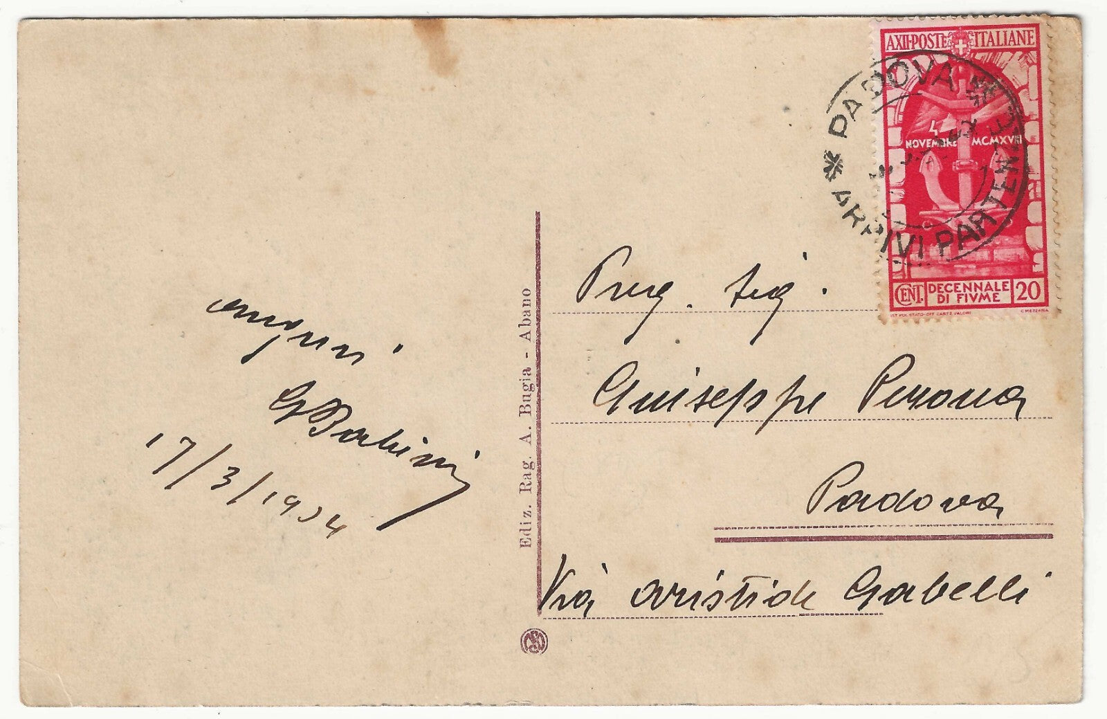TS Collezionismo Filatelia 20 c. carminio Fiume 1934 cartolina usato