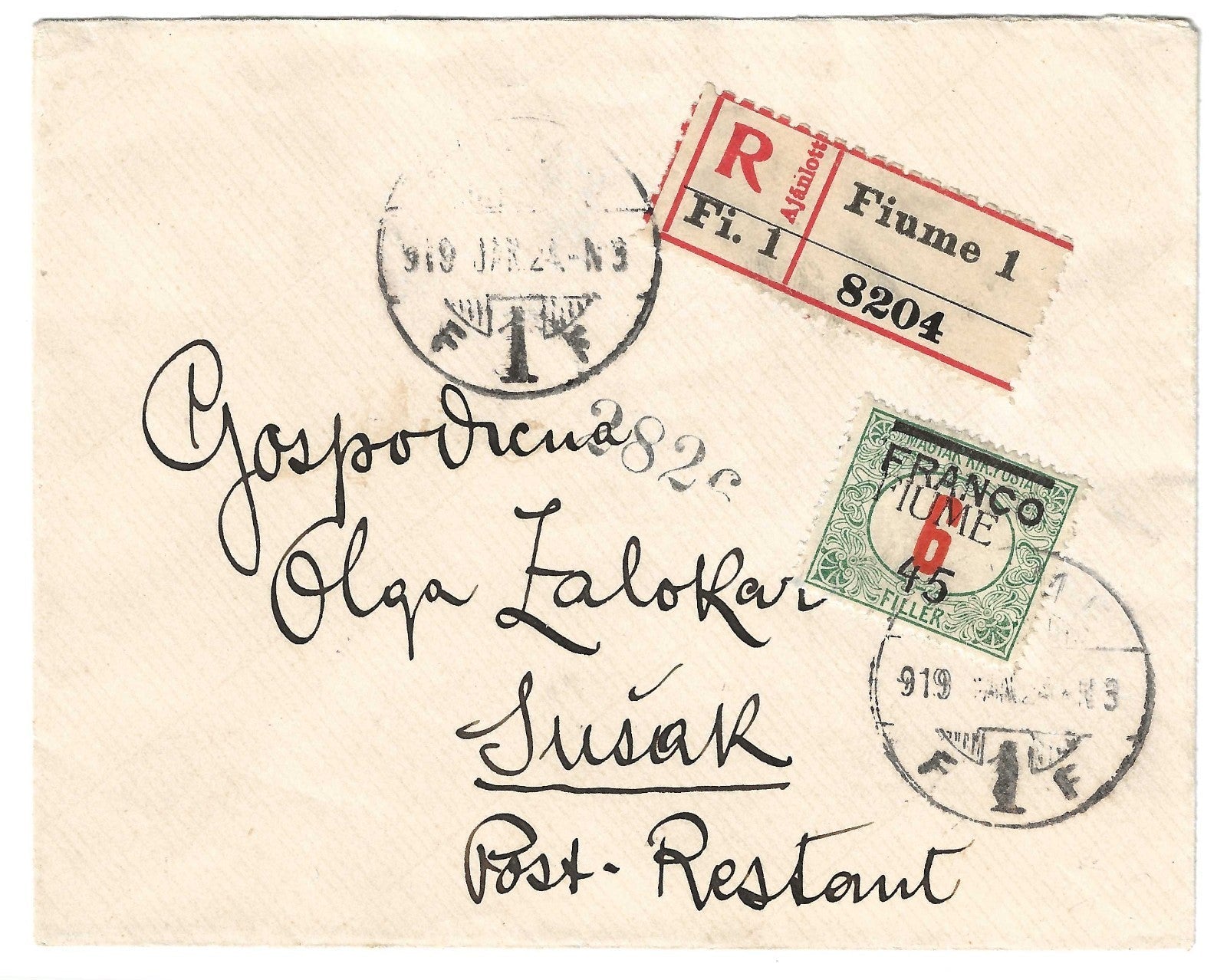 TS Collezionismo Filatelia Fiume 1919 busta Susak segnatasse 45 su 6
