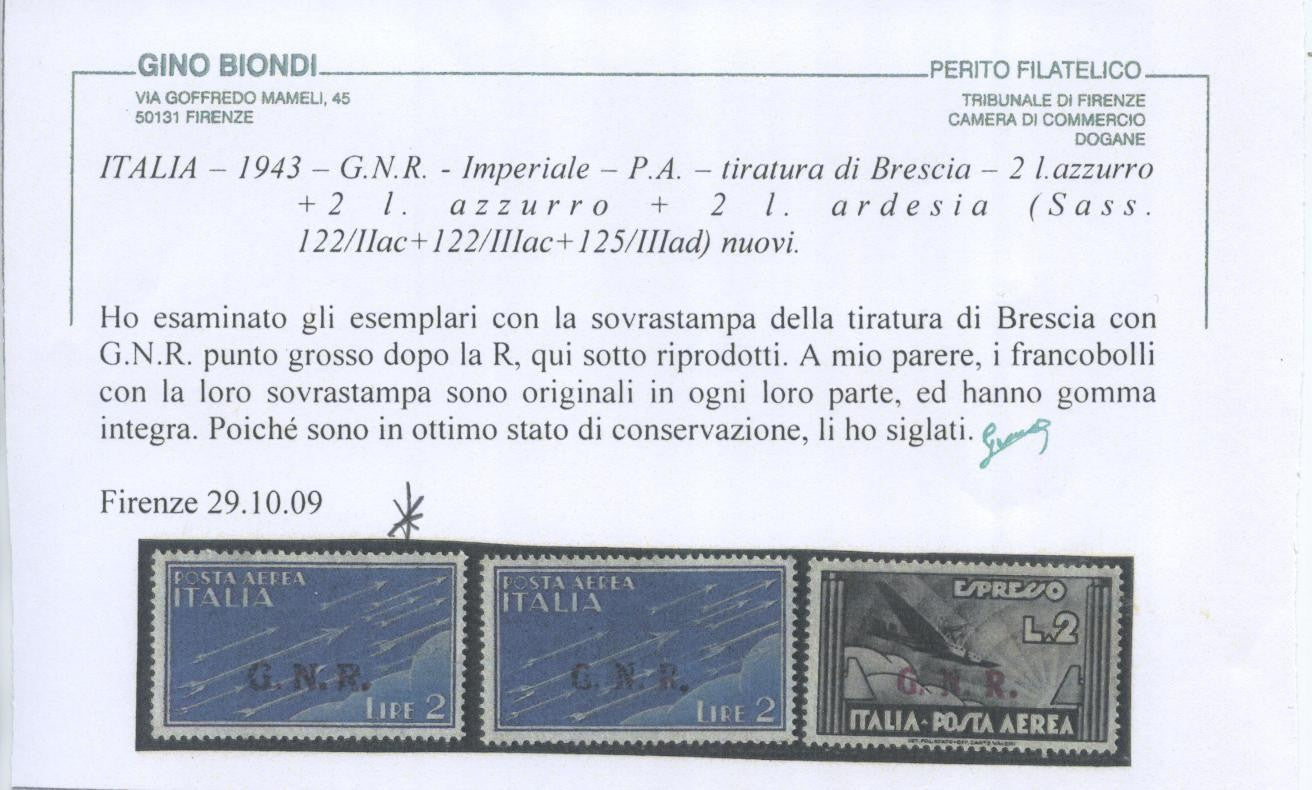 TS Collezionismo Filatelia RSI 1944 Aerea GNR 2 L. nuovo certificato