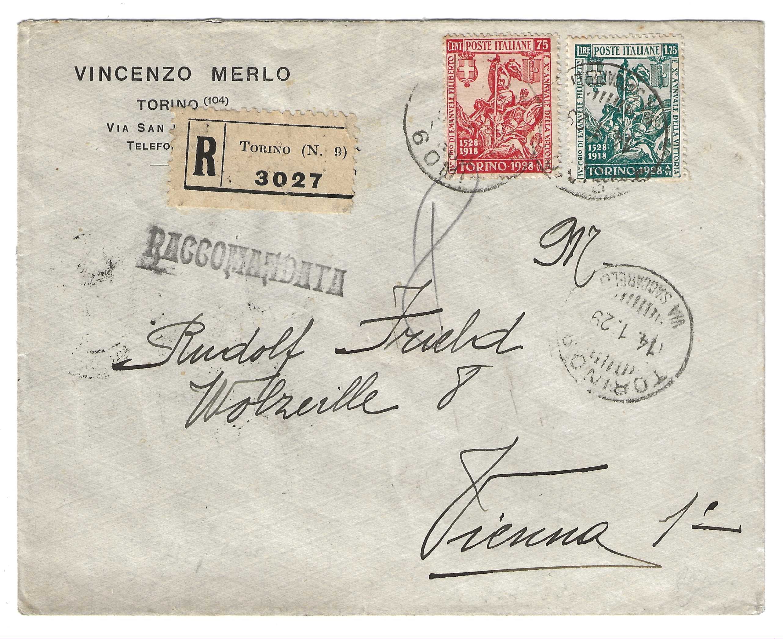 TS Collezionismo Filatelia Busta 1929 Torino-Vienna Vittoria