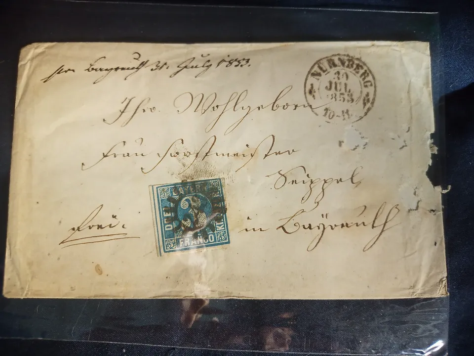 TS Collezionismo Filatelia Baviera 3 Kreuzer lettera Norimberga 1853