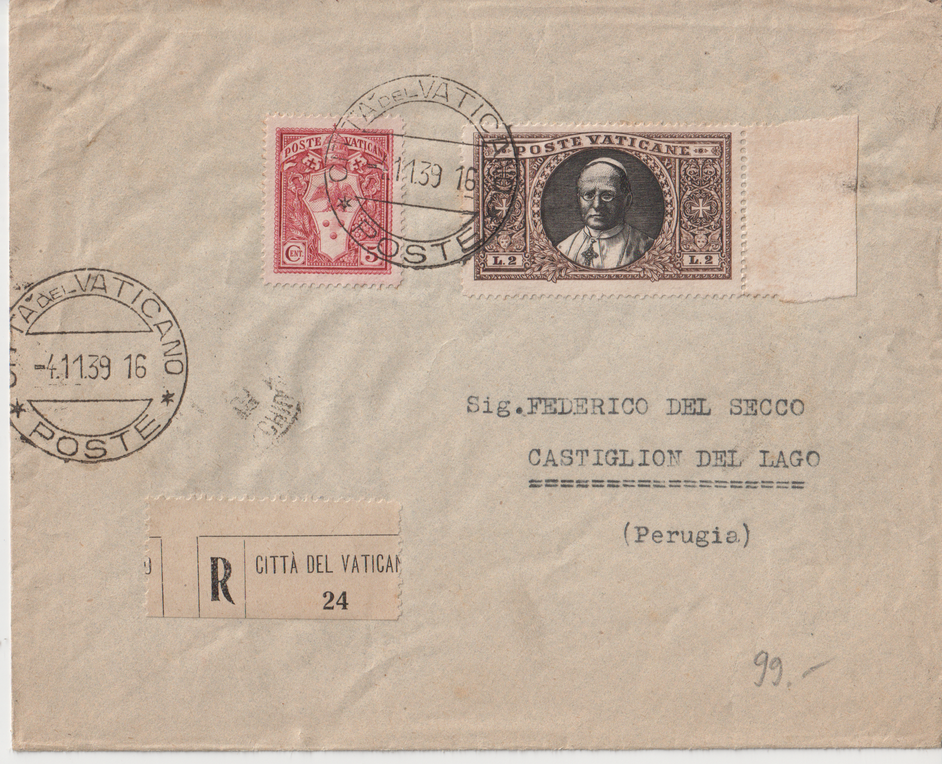 TS Collezionismo Filatelia Busta Vaticano 2 Lire Giardini
