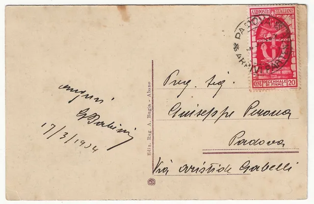 TS Collezionismo Filatelia 20 c. carminio Fiume 1934 cartolina usato