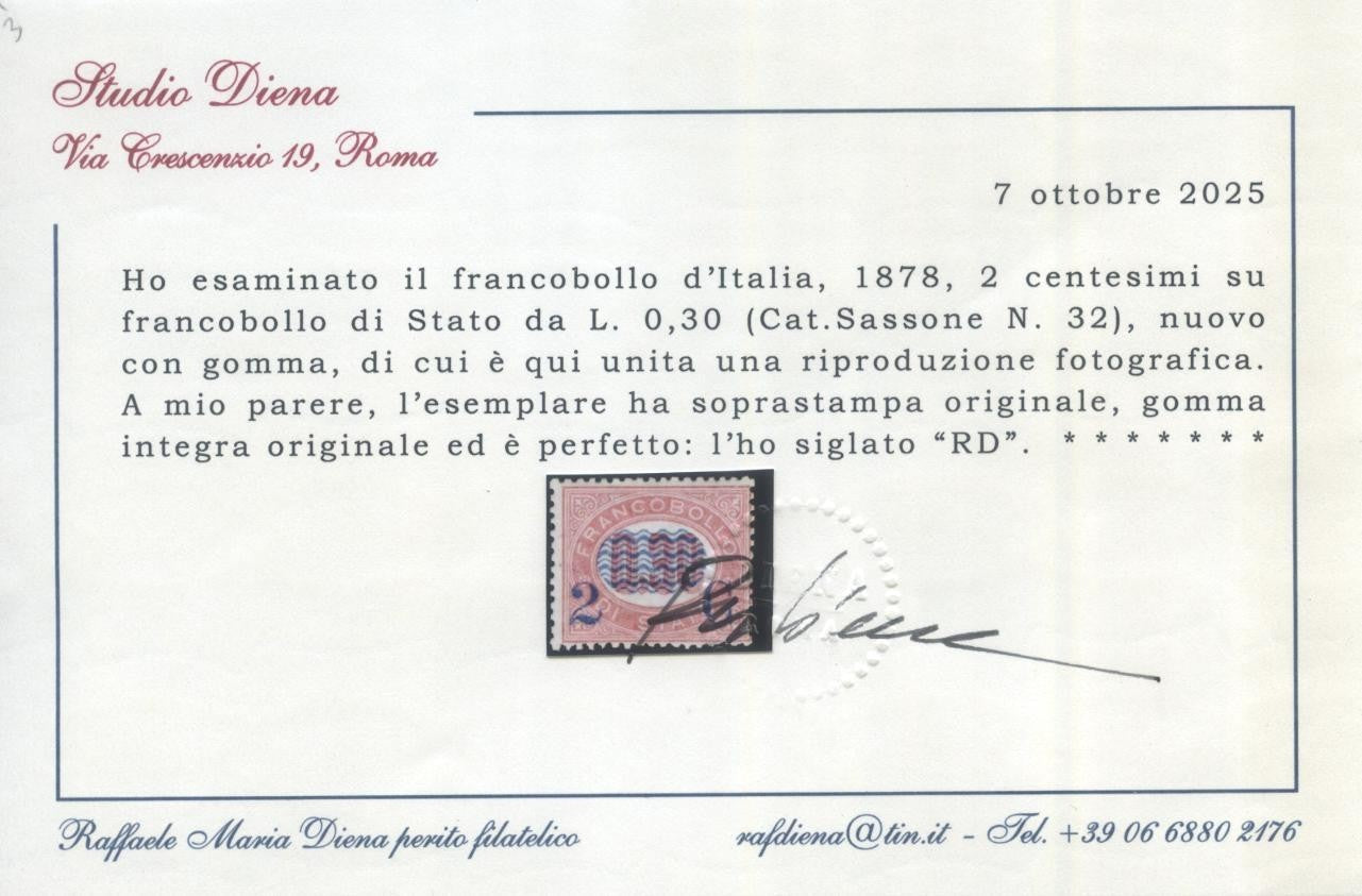TS Collezionismo Filatelia Servizio Stato 1878 2c su 30c MNH Diena