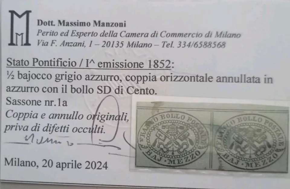 Stato Pontificio Coppia Mezzo Bajocco 1852 Moneta Perizia Manzoni