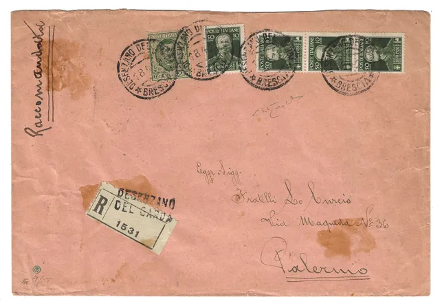 Busta 1929 Palermo Vittorio Emanuele 50+10c Raccomandata Firmata