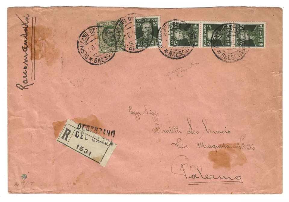 Busta 1929 Palermo Vittorio Emanuele 50+10c Raccomandata Firmata