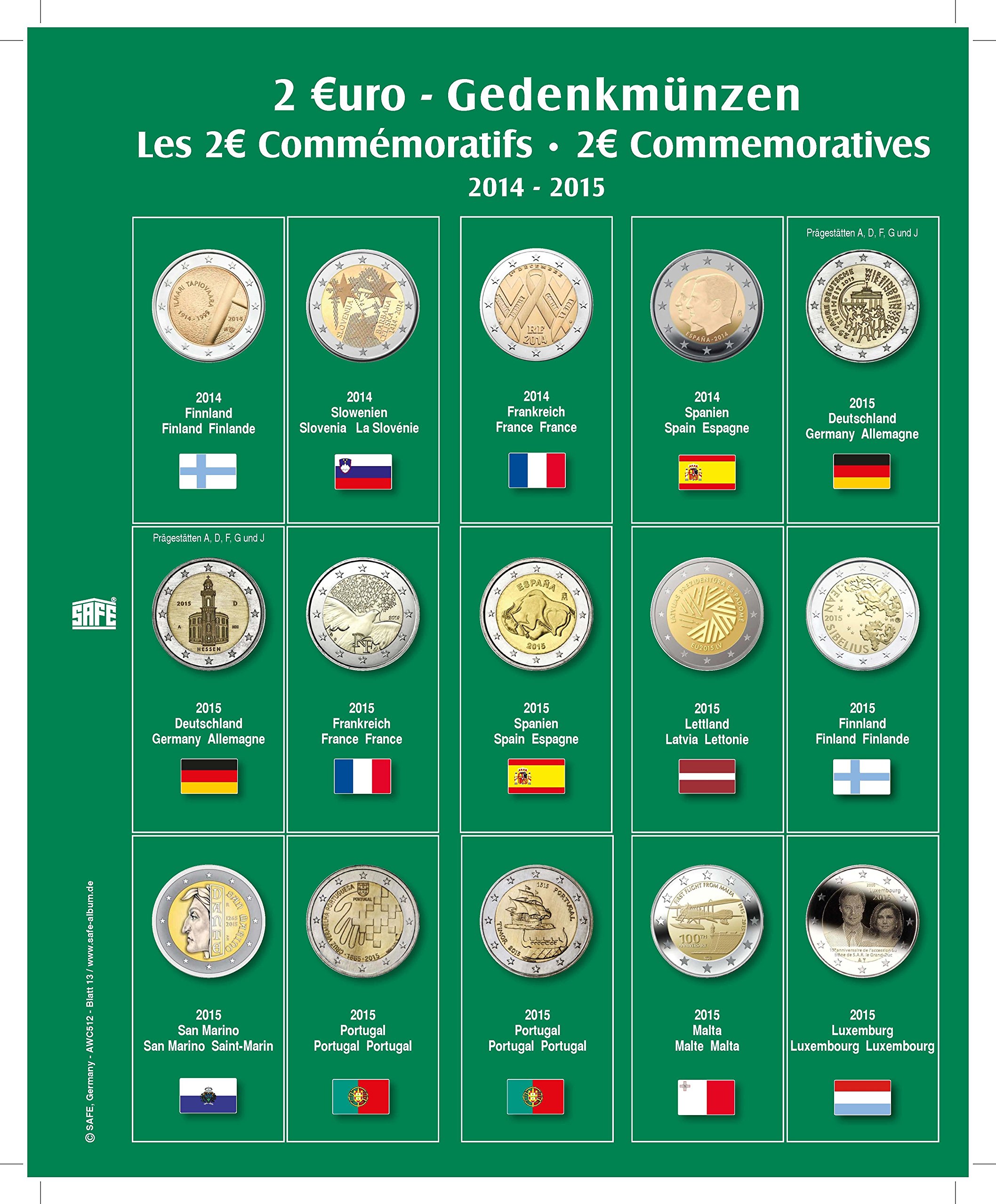 Safe 7341-13 Foglio Premium per Monete 2 Euro 2014-2015
