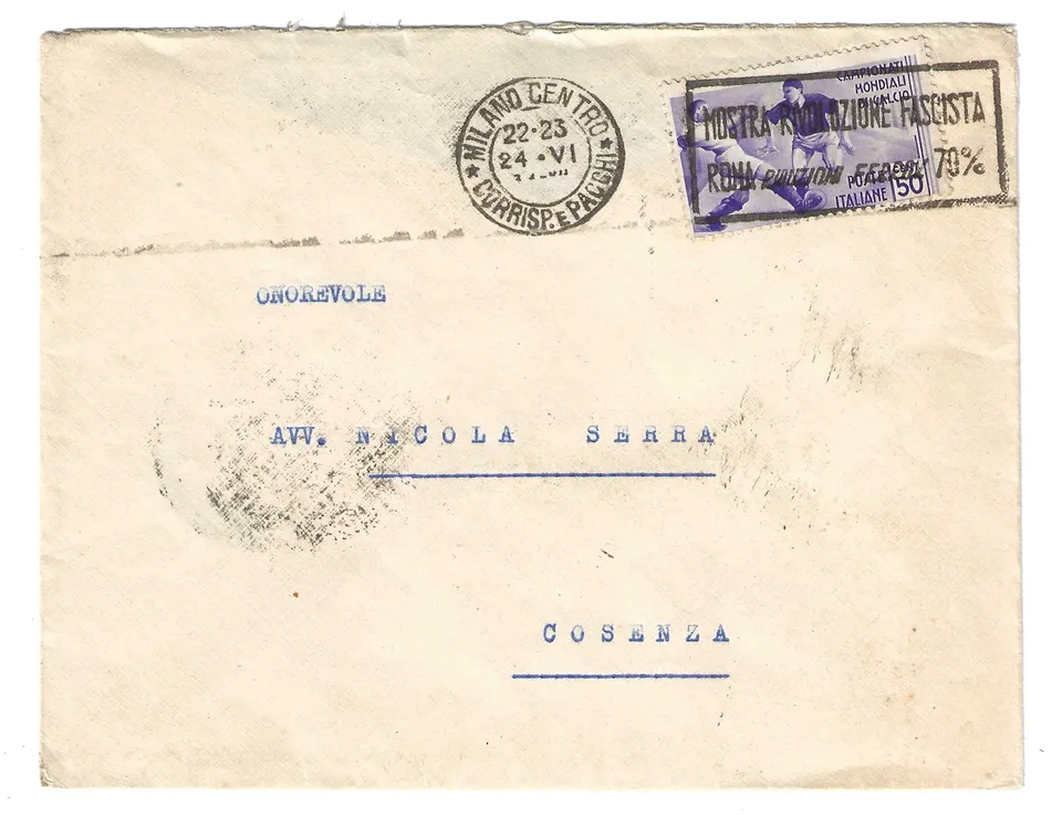 TS Collezionismo Filatelia 1934 Busta Cosenza Calcio 50 c.