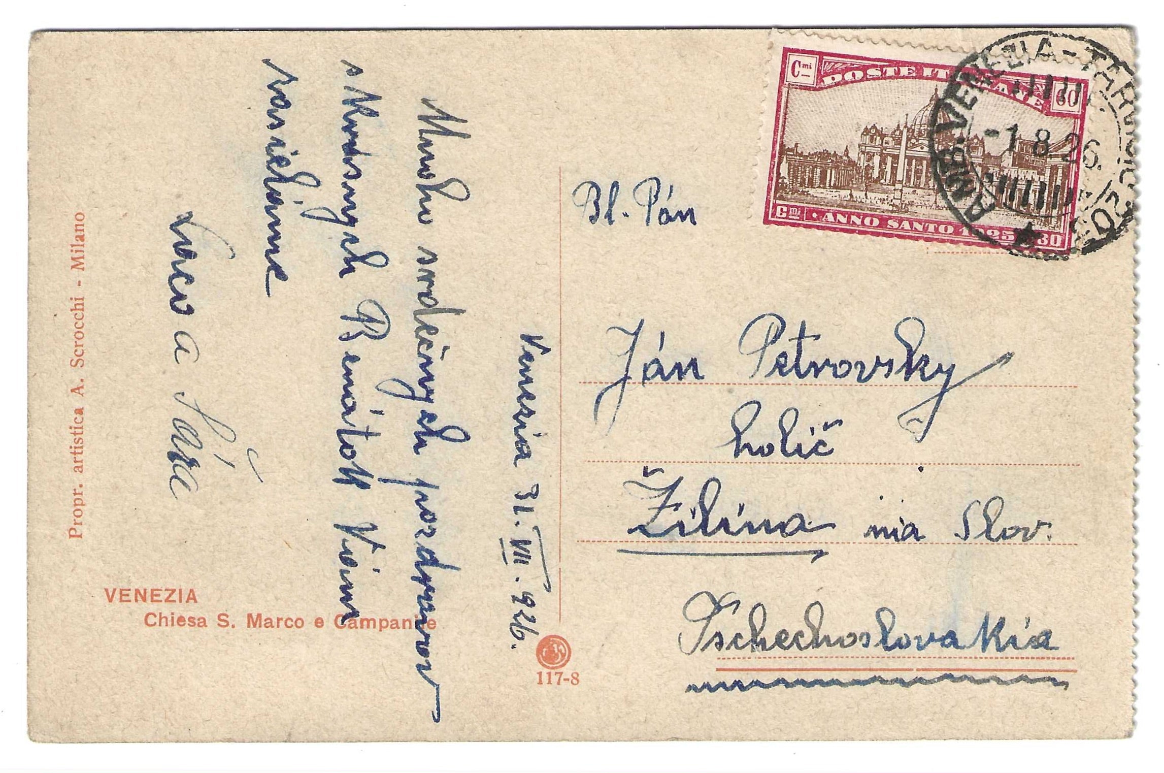 TS Collezionismo Filatelia Cartolina 1926 Venezia Anno Santo 60c