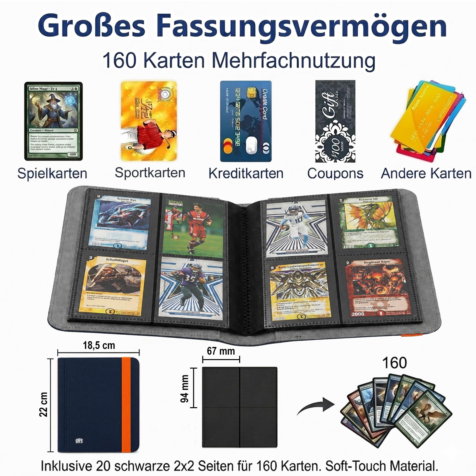 Safe Sammelkarten album 160 carte blu soft-touch elastico