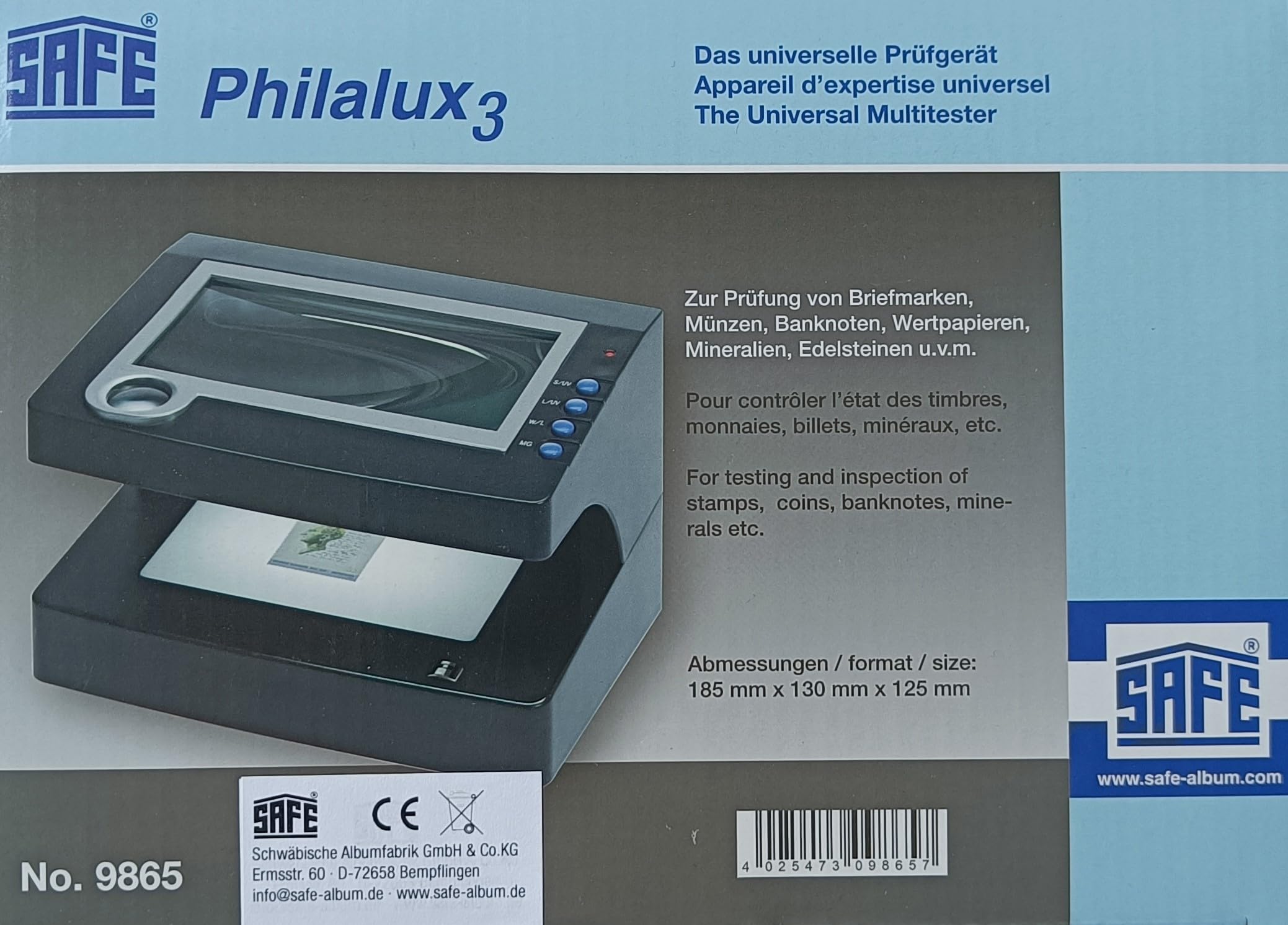 Safe Philalux tester francobolli e banconote UV con lente 12x