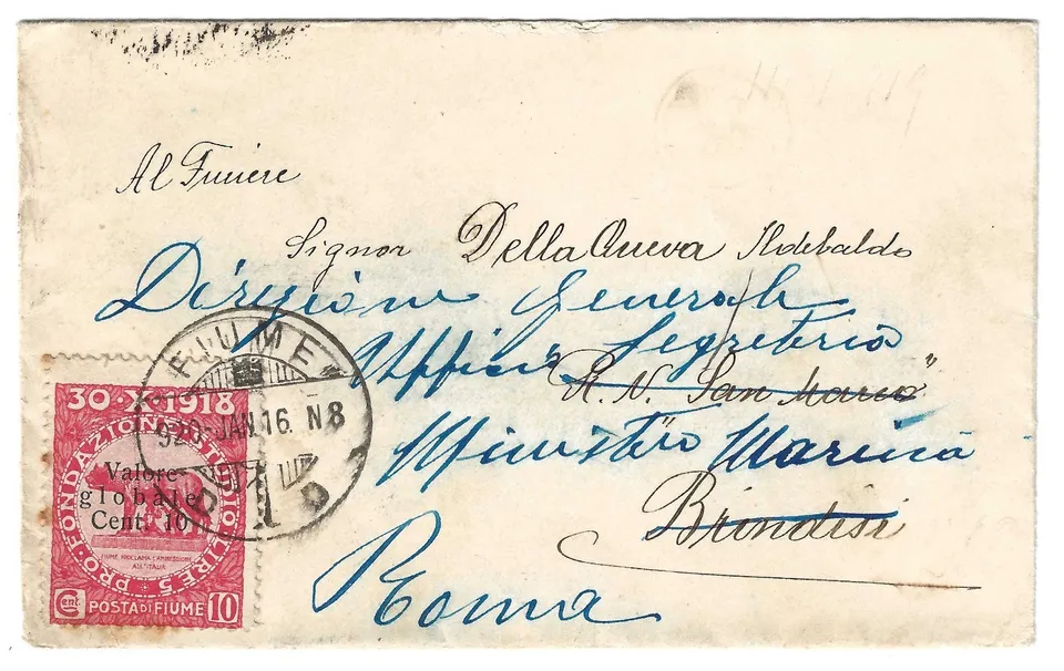 Fiume 1919 busta Ministero Marina Roma 10 su 10c filatelia storica