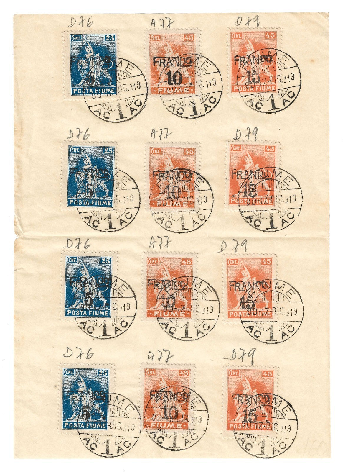 TS Collezionismo Filatelia Fiume 1919 foglio Allegorie carta A D