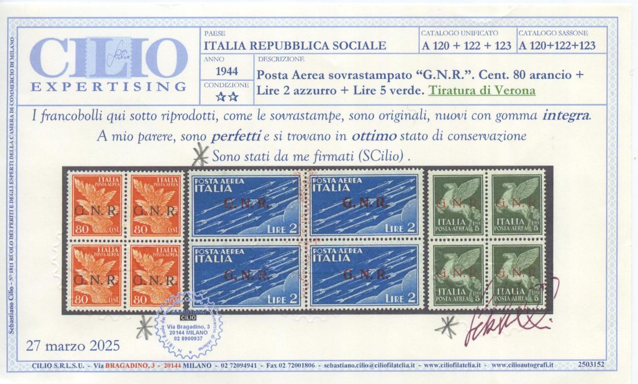 TS Collezionismo Filatelia RSI GNR 1944 Posta Aerea 7 Valori MNH Certificati