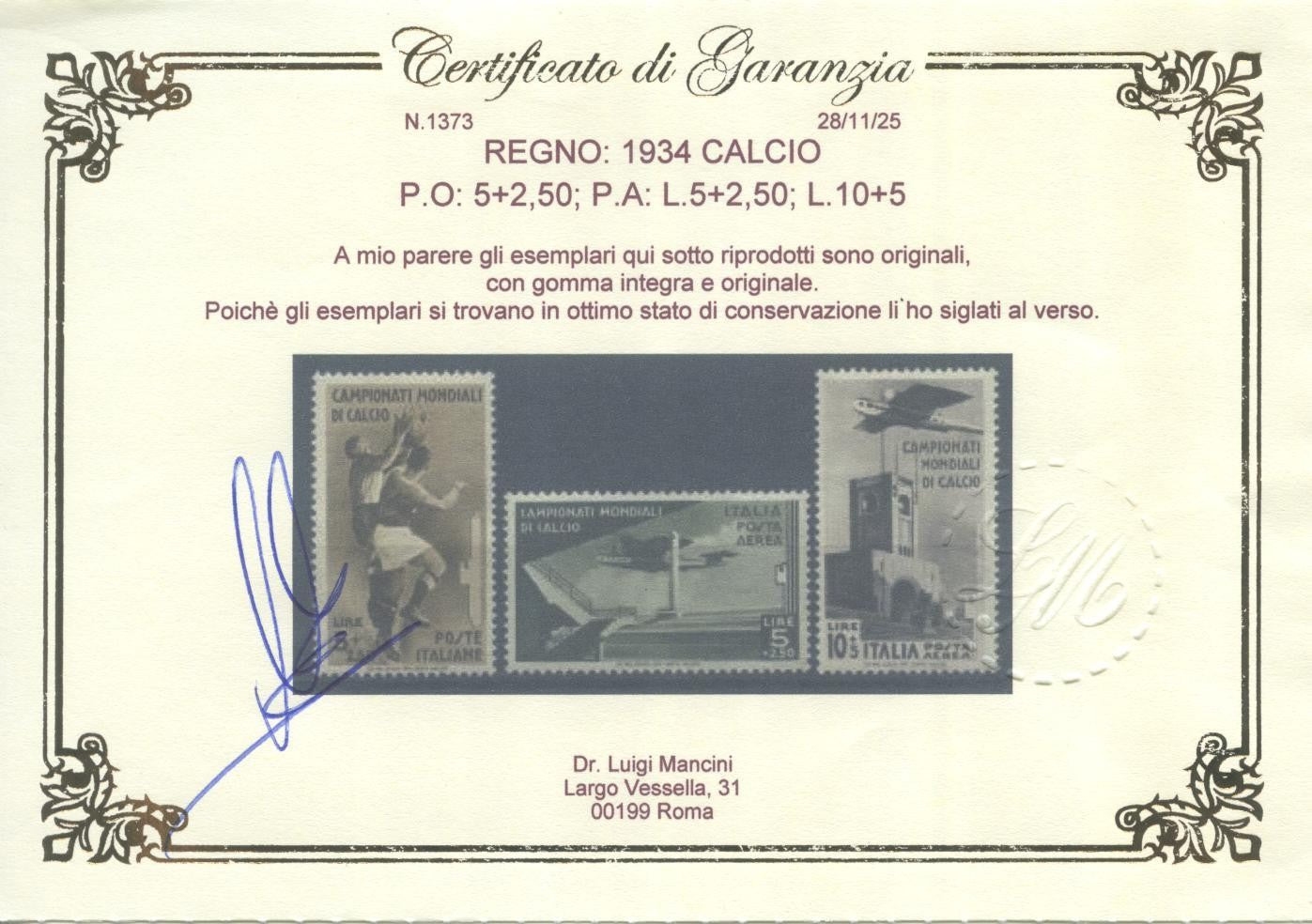 Regno d'Italia 1934 Calcio serie 9 valori certificati perfetti