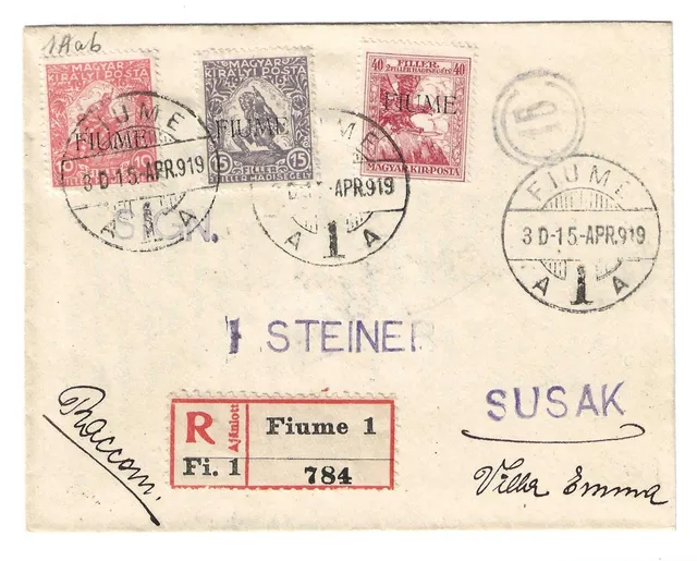TS Filatelia Fiume 1919 busta raccomandata Susak 10+2 vermiglio