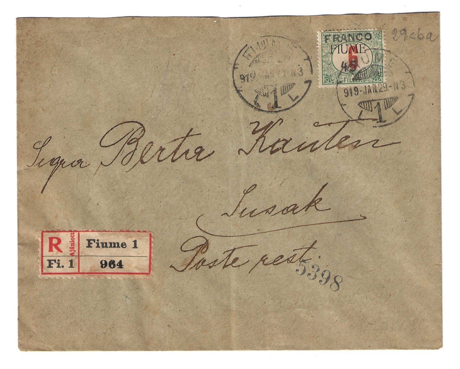 TS Filatelia Fiume 1919 busta Susak 45 su 6 senza sbarretta