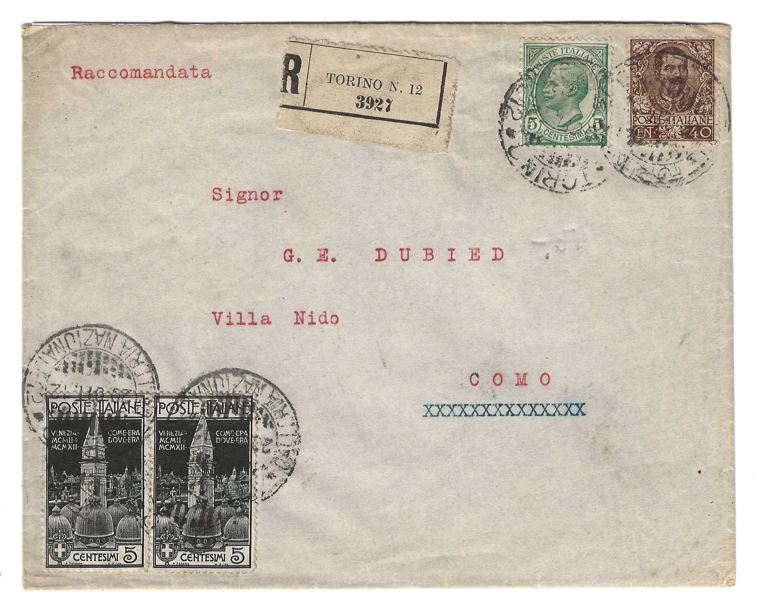 Regno Italia Busta 1912 Torino-Como Floreale Leoni S.Marco