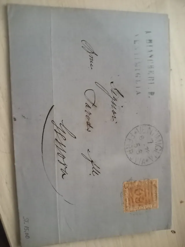 TS Filatelia Regno 20 Cent De La Rue giallo busta 1878 Ventimiglia