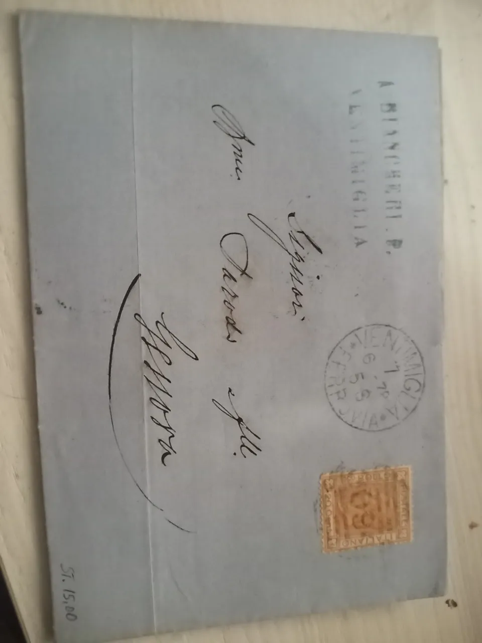 TS Filatelia Regno 20 Cent De La Rue giallo busta 1878 Ventimiglia