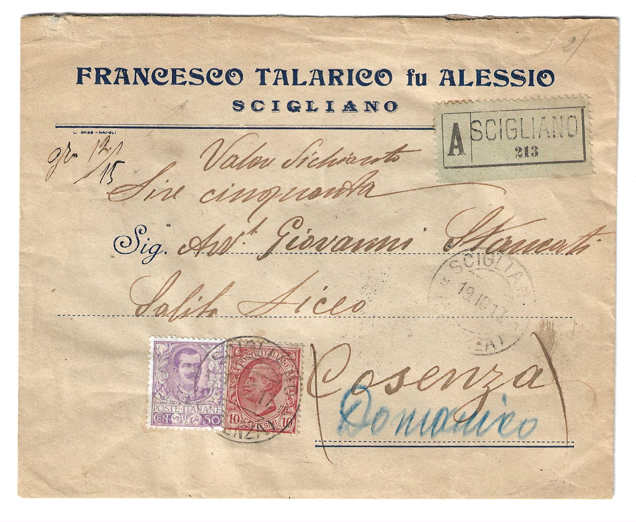 TS Collezionismo Filatelia Busta 1917 Scigliano con 50 c. Floreale