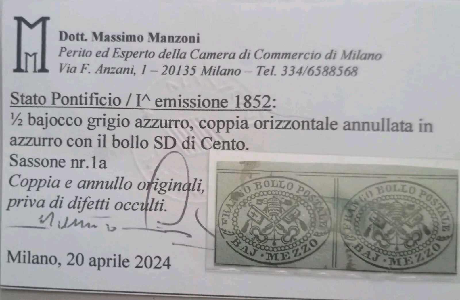 Stato Pontificio Coppia Mezzo Bajocco 1852 Moneta Perizia Manzoni