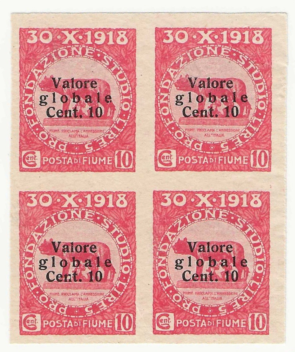 TS Collezionismo Fiume 1920 Quartina 10c Blocco Non Dentellato