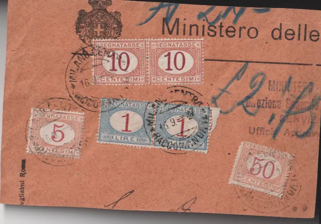 TS Collezionismo Filatelia Regno d'Italia busta segnatasse 1 lira