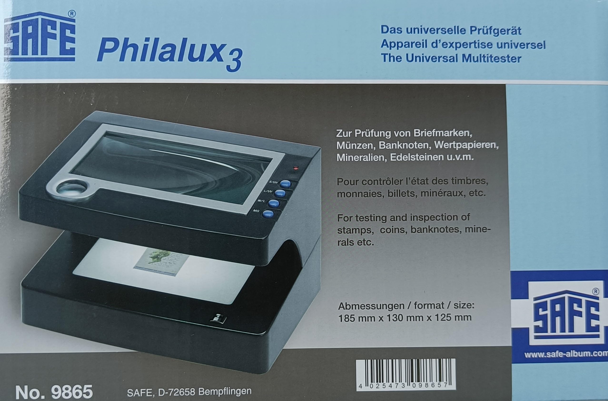 Safe Philalux tester francobolli e banconote UV con lente 12x