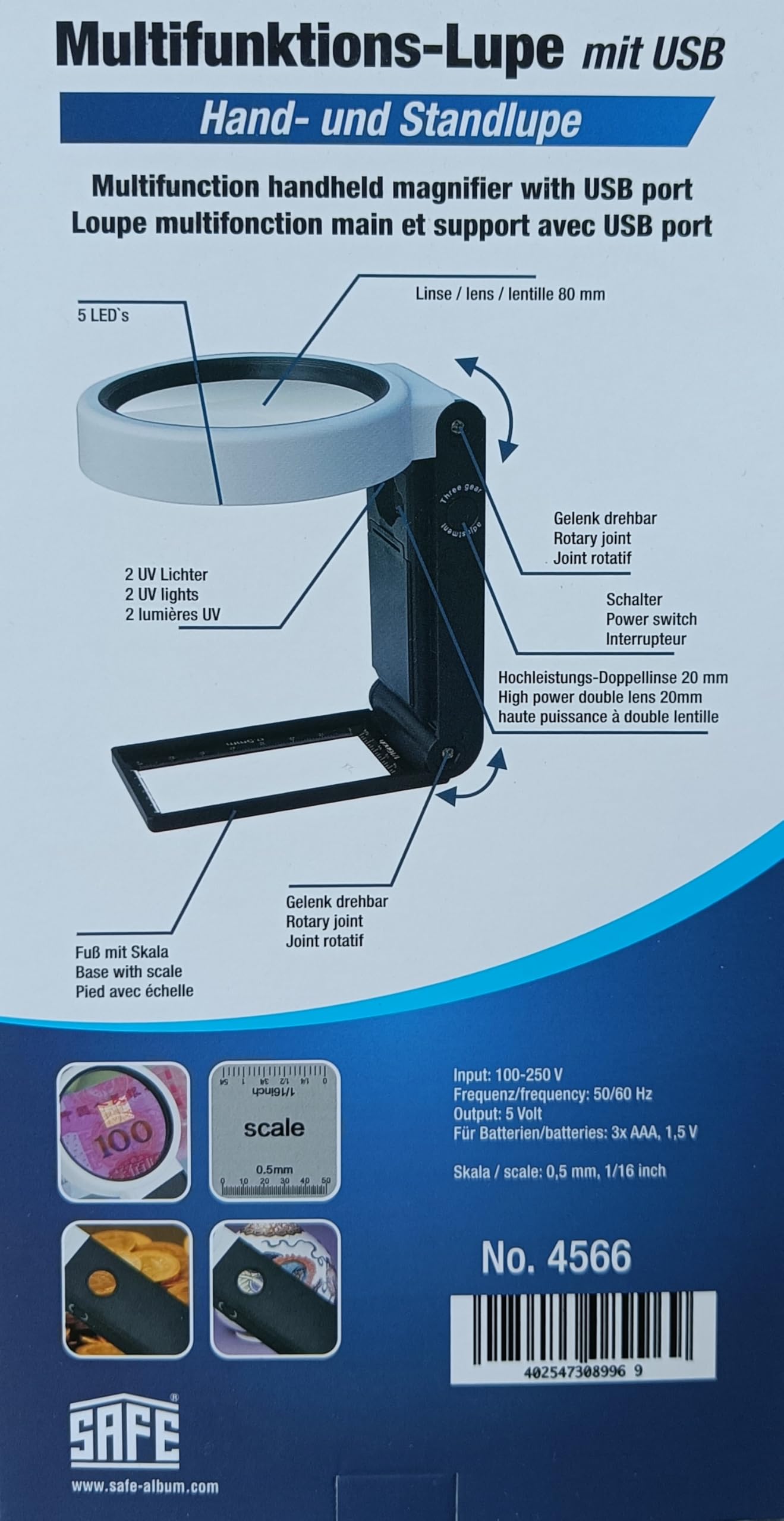 Safe 4566 Lente Ingrandimento 3,5x 25x LED UV 20/80 mm