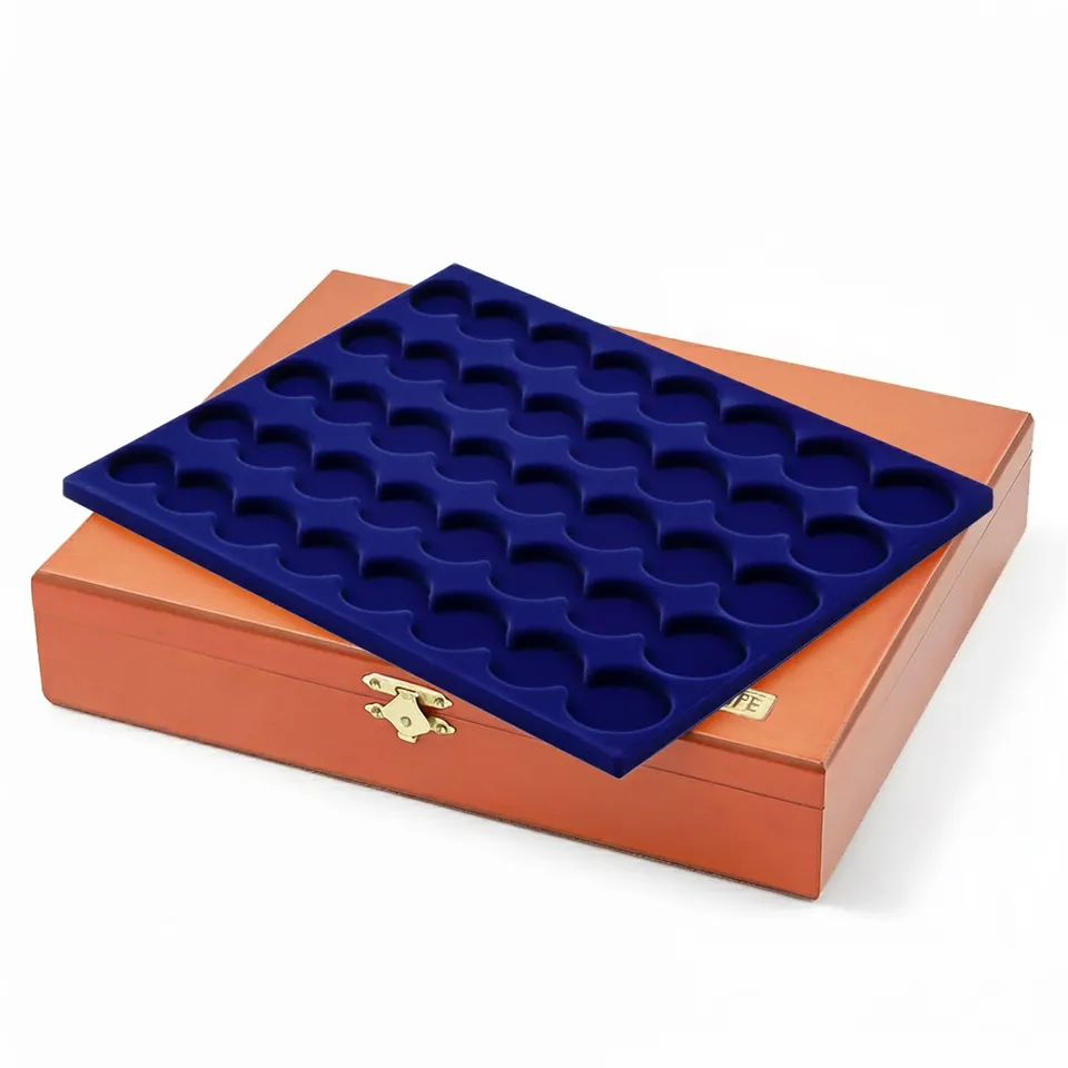 Safe 5893 teca monete legno 3 vassoi capsule velluto blu