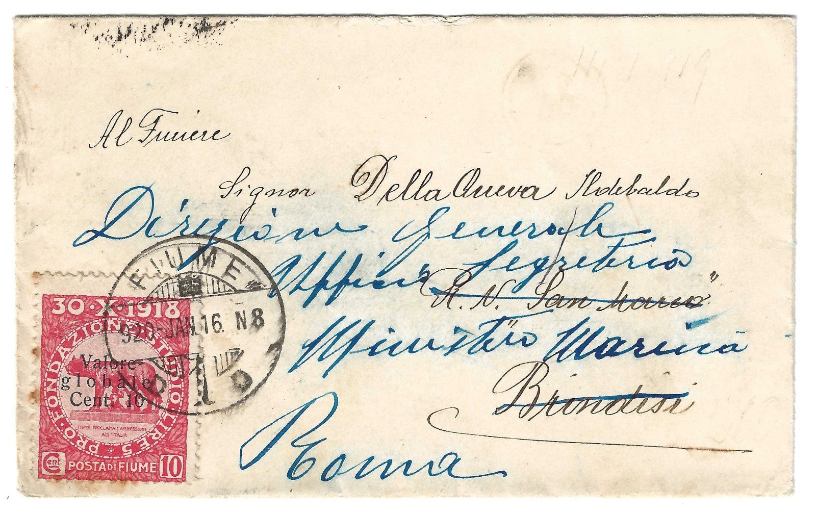 Fiume 1919 busta Ministero Marina Roma 10 su 10c filatelia storica