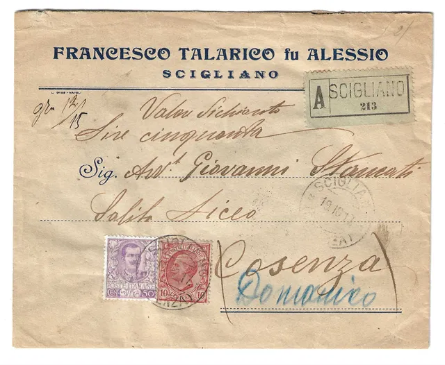 TS Collezionismo Filatelia Busta 1917 Scigliano con 50 c. Floreale