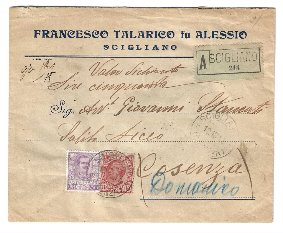 TS Collezionismo Filatelia Busta 1917 Scigliano con 50 c. Floreale