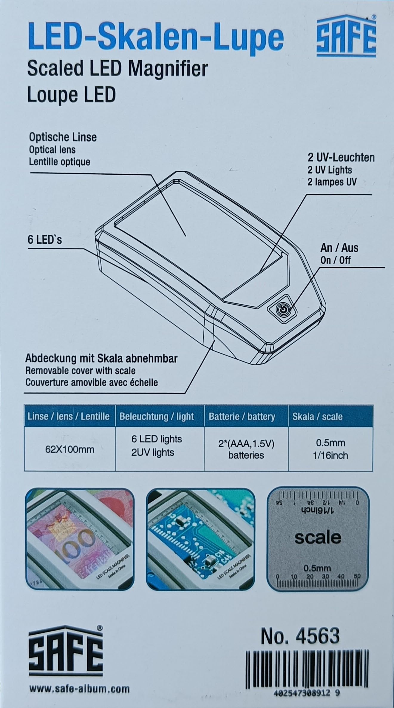 Safe 4563 Lente Ingrandimento LED 3x 60x95 mm UV