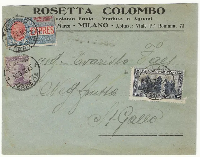 Regno d'Italia 1926 Espresso Svizzera busta S.Francesco rara