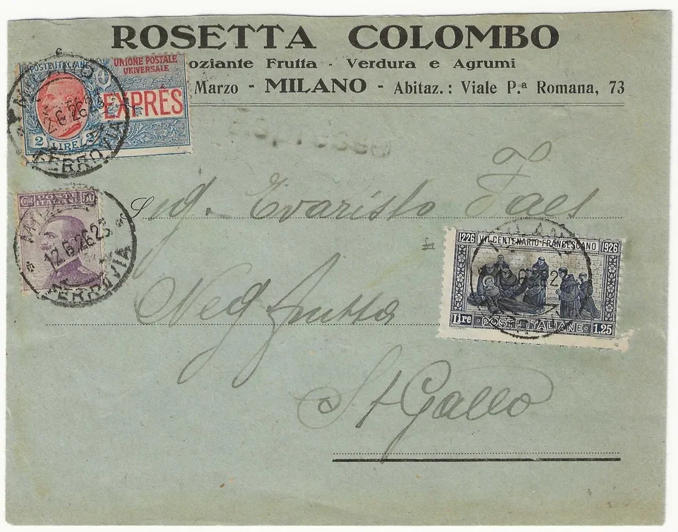 Regno d'Italia 1926 Espresso Svizzera busta S.Francesco rara