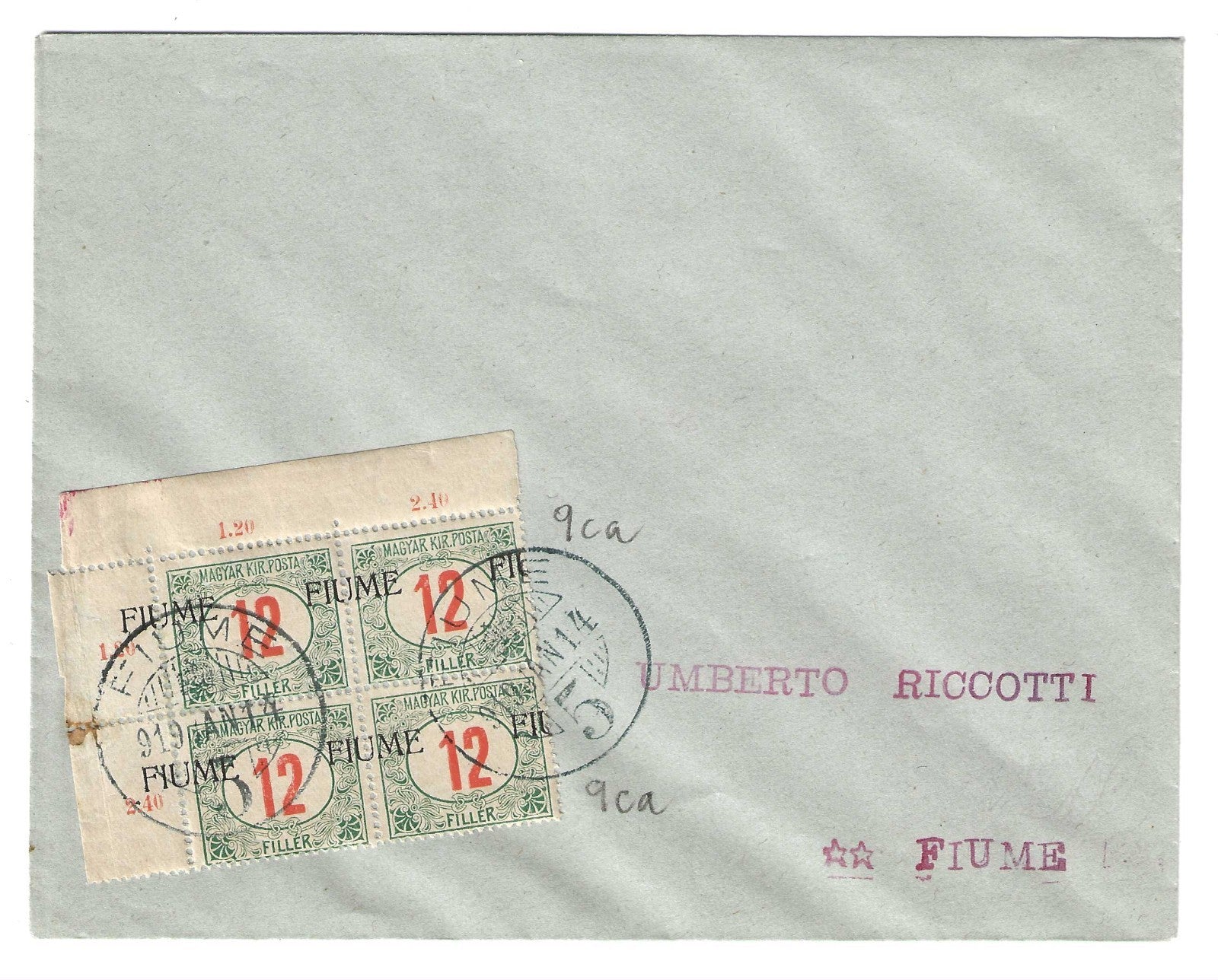 TS Collezionismo Filatelia 1919 Fiume Busta Quartina Segnatasse Spostata