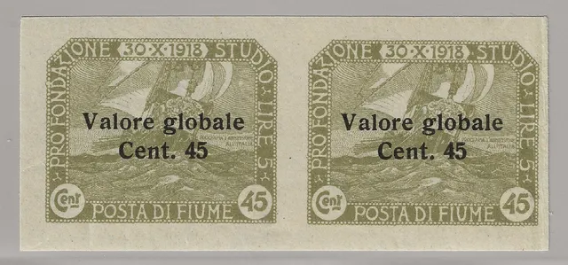 TS Collezionismo Filatelia Fiume 45 c. coppia non dentellata verde