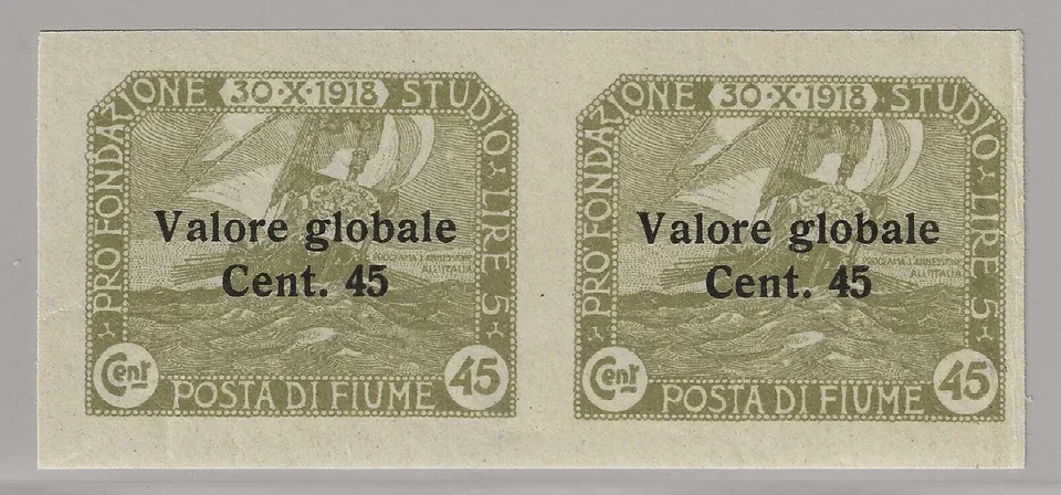 TS Collezionismo Filatelia Fiume 45 c. coppia non dentellata verde