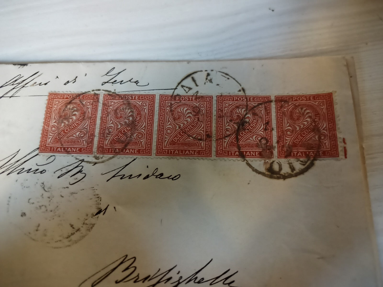 TS Collezionismo Filatelia Documento 1895 Striscia 5 De La Rue 2 Cent