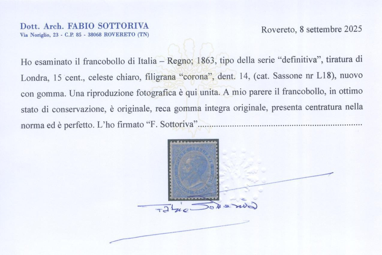 TS Collezionismo Filatelia De La Rue 15 Cent Celeste ** Certificato