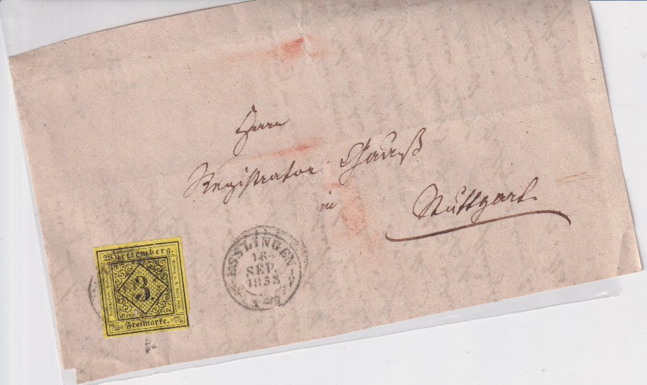 TS Collezionismo Filatelia Württemberg 3 Kr Giallo 1851 Frammento